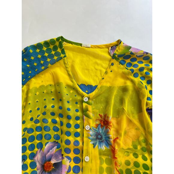 READ Kim Lai Silk Floral Sheer Button Down Long Sleeve Blouse Womens XS Small - Picture 12 of 16